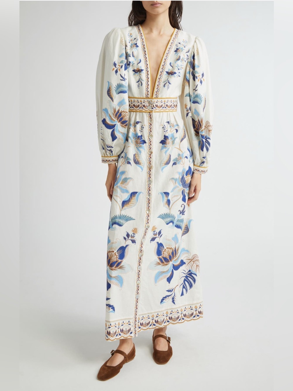 Farm Rio Blue Lotus Placed Print Long Sleeve Linen Blend Maxi Dress
